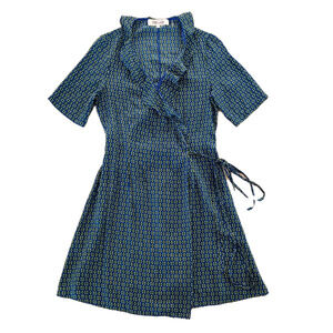 Diane von Furstenberg Savilla Wrap Dress Sz 10 Blue Silk Ruffle Travel Resort
